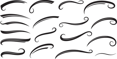 Elegant text tail swoosh vector set. Calligraphy swirl elements for logo design and decoration with varied thickness, smooth curvature, and simple to complex shapes