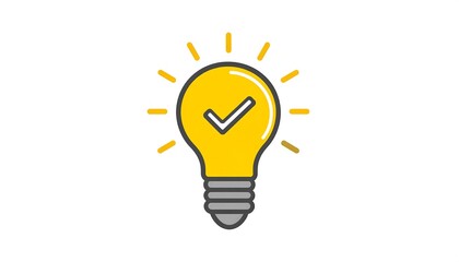 Yellow lightbulb with tick, radiating lines. Positive idea, confirmation