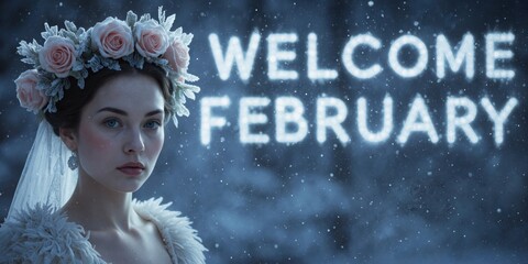 a woman wearing a crown and holding a bouquet of flowers in front of a text that says welcome february