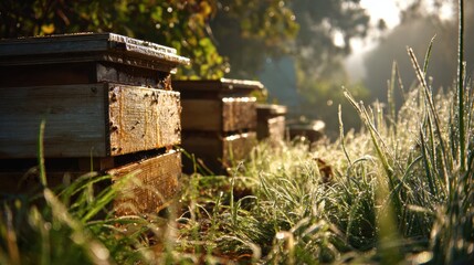 Morning Ritual at the Apiary With Beehives, Dew on Grass, and Light Shining Through the Early Day