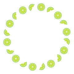 Round vector frame made of green lime slices. Fruit frame design. Vector illustration. Decorative food template