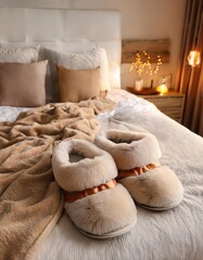 Warm fur slippers resting on comfortable bed