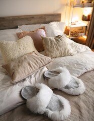 Cozy bedroom interior with fluffy slippers on bed