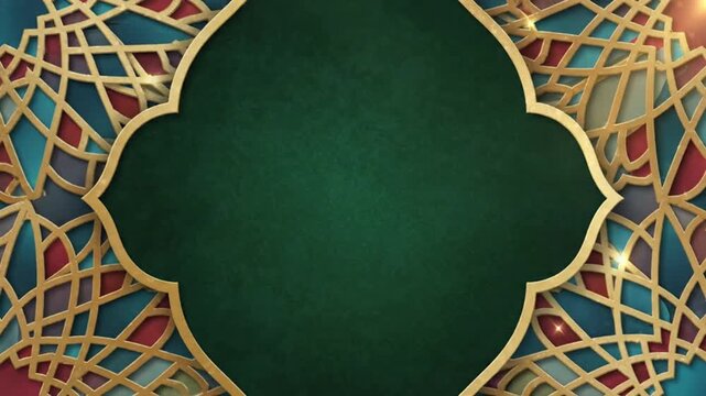 An ornate dark green central panel with a gold border is surrounded by a multicolored geometric pattern resembling stained glass with gold outlines