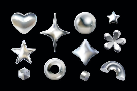 Chrome inflated figures. 3d silver bubble shapes y2k design platinum metal liquid glitter effect glossy sphere star heart arrow abstract element realistic exact vector illustration