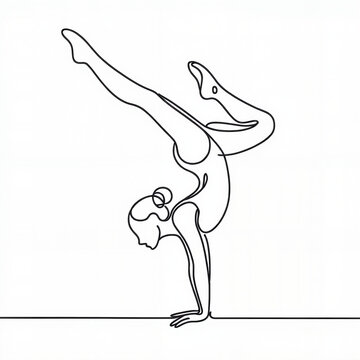 Line drawing of a woman performing a handstand on one hand  