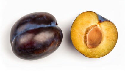 Fresh plum fruit whole and cut half isolated