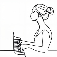 Line art woman playing piano in minimalist style  