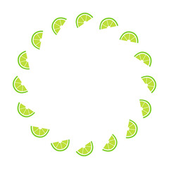 Round vector frame made of green lime slices. Fruit frame design. Vector illustration. Decorative food template
