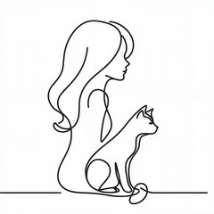 Line art of woman sitting beside cat in minimalist style  