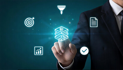 businessman in professional dark suit touching glowing artificial intelligence stack icon with virtual holographic interface for sales funnel target goals and data analytics