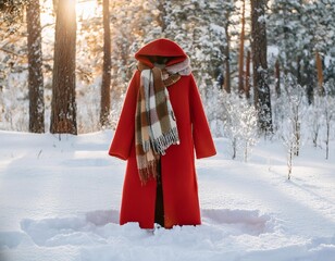 Red long coat with plaid scarf standing in winter snow