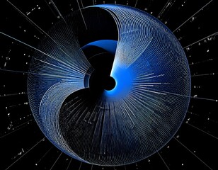 Circular abstract; blue, white lines radiating out from center; dark background, chaotic texture