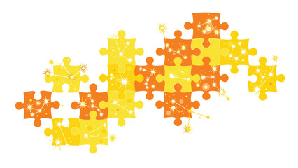 A vibrant vector graphic of a puzzle piece illustration with a starry night sky design