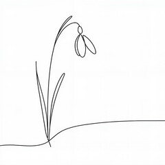 Single snowdrop flower in minimalist line art style  