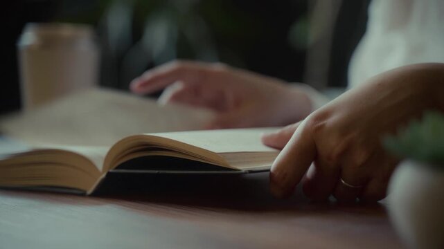 Close-up of hands turning pages of an open book while sitting at a table