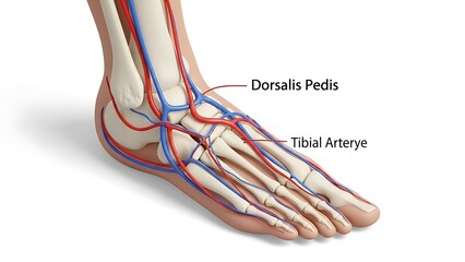 3D Medical Illustration of Human Foot Anatomy: Dorsalis Pedis and Tibial Arteries, Skeletal Bones, and Vascular System Detailed Diagram on White Background