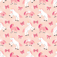 Obraz premium Seamless pattern with pink and white cute unicorns on a pink background. Vector fairytale background illustration