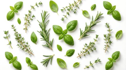 a vibrant assortment of fresh green herbs including basil thyme and rosemary elegantly arranged on a clean white surface displaying culinary freshness