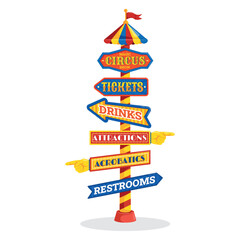 Obraz premium Circus signpost. Amusement park sign board signage, retro carnival show direction pointers way arrows vintage summer fair wayfinding signboards post, kicky vector illustration