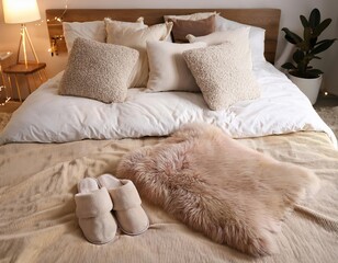 Cozy bedroom interior with bed, pillows, slippers, and mood lights