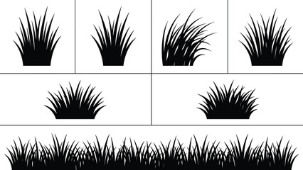 Grass and bush silhouette icon set, wild meadow foliage shapes, black natural vegetation elements isolated on white
