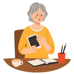 Elderly woman holding photo while sitting at table with notebook . Elderly set