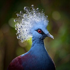 Crowned blue bird with elaborate feathered crest, piercing red eye