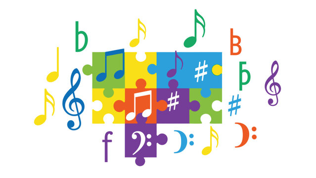 A colorful vector graphic of musical notes and symbols forming a puzzle