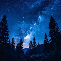 Milky Way rises above silhouetted pine forest. Dark blues and bright stars create an expansive, mystical scene