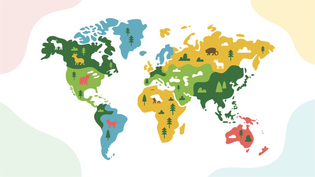 A colorful vector illustration of a world map with various animals and trees