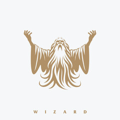 Wizard Mage Raising Hands Silhouette Logo with Mystical Fantasy Style