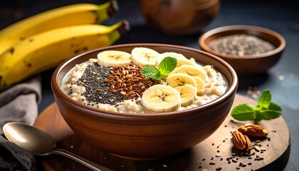 Oatmeal bowl w/ banana slices, seeds, mint on wood. Bananas, chia seeds, nuts on side. Dark tone