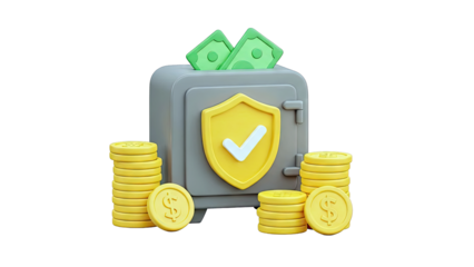 Safe with money and coins, shield with checkmark