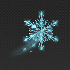 Dynamic illustration of a  glitter snowflake with a magical light trail. The shimmering winter crystal features a brilliant sparkle effect, glowing stars, and a soft motion blur trail. Isolated on a d