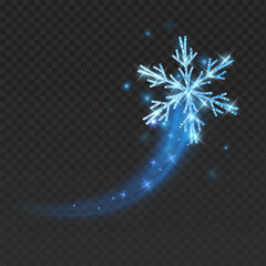 Dynamic illustration of a  glitter snowflake with a magical light trail. The shimmering winter crystal features a brilliant sparkle effect, glowing stars, and a soft motion blur trail. Isolated on a d