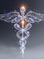 Caduceus Symbol in Glow: A digital rendering illuminates the intricate Caduceus symbol, representing health and healing, composed of glowing, interconnected particles against a subtle backdrop.