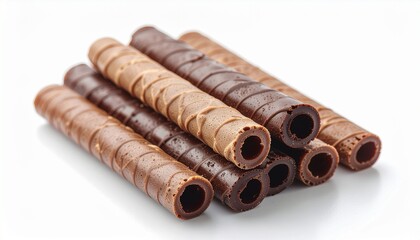 Artisan chocolate wafer rolls isolated on a clean white background with detailed texture and soft shadows, perfect for dessert, snack, and food packaging concepts.