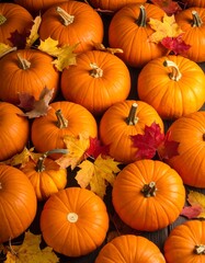 Pumpkins & leaves on dark wood. Autumnal, vibrant, seasonal, rich colors