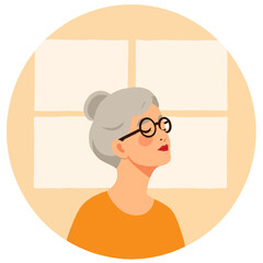 Elderly woman with gray hair wearing glasses and orange shirt . Elderly set
