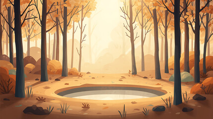 A pastel-style illustration showcases a tranquil autumn forest with tall trees featuring golden, orange, and light brown leaves, encircling a small reflective pond, all bathed in warm sunlight that co