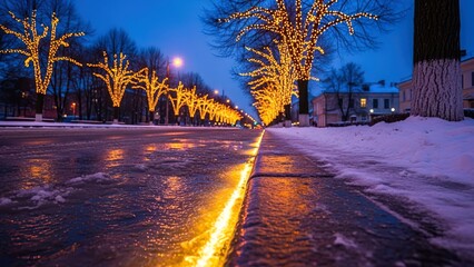 Winter Dusk Street Scene: Illuminated Trees, Icy Road, Twinkling Lights, Snowfall, Deep Blue Twilight Sky