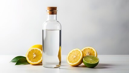 Clear glass bottle with fresh lemons, lime slices, and green leaves on white surface, refreshing drink concept