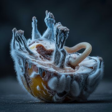 Moldy rotten fruit with maggots in dramatic blue light macro close up of decaying food and fungus growth for horror and science