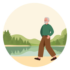 Elderly man walking by the lake with green landscape in background . Elderly set