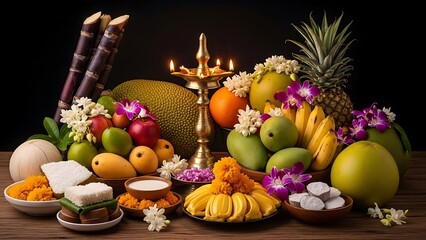 Vibrant Thai Pongal Harvest Festival Still Life with Chakkara Pongal, Sugarcane, and Traditional Offerings