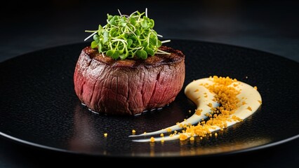 Gourmet Beef Fillet Steak with Creamy Sauce & Microgreens - Fine Dining Food Photography
