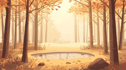 A pastel-style illustration showcases a tranquil autumn forest with tall trees featuring golden, orange, and light brown leaves, encircling a small reflective pond, all bathed in warm sunlight that co