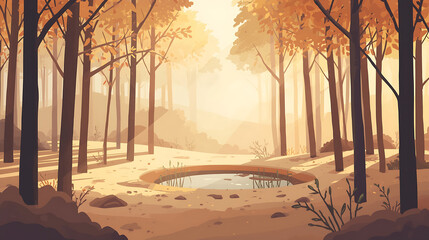 A pastel-style illustration showcases a tranquil autumn forest with tall trees featuring golden, orange, and light brown leaves, encircling a small reflective pond, all bathed in warm sunlight that co