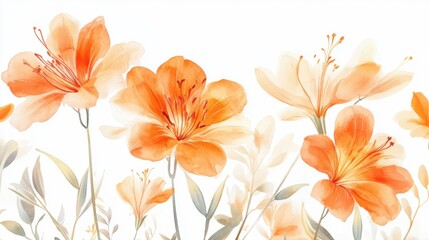 adorable watercolor gloriosa flowers, pastel orange, white background
